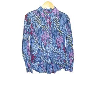 Talbots Womens Blue Floral Print Long Sleeve Button Front Top Size M